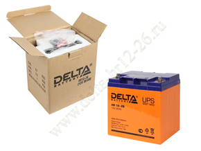 Открытая коробка и аккумулятор Delta HR 12-26 рядом